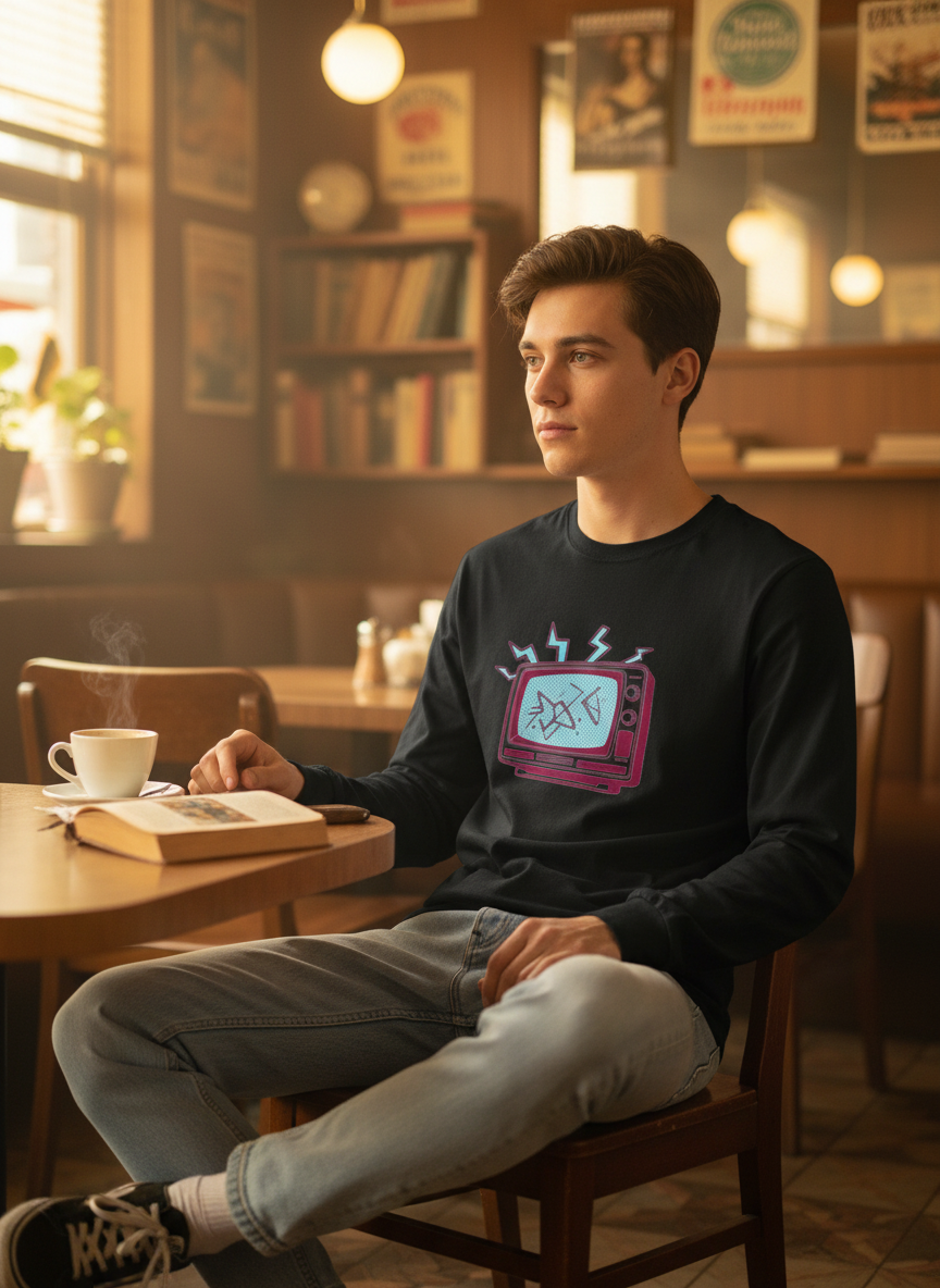 Static Frequency Vintage TV Long Sleeve Tee - Retro Unisex