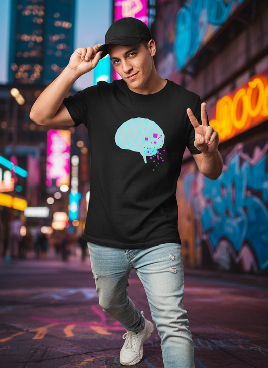 Signal Decay Cyberpunk Brain Tee - Neon Wireframe Design