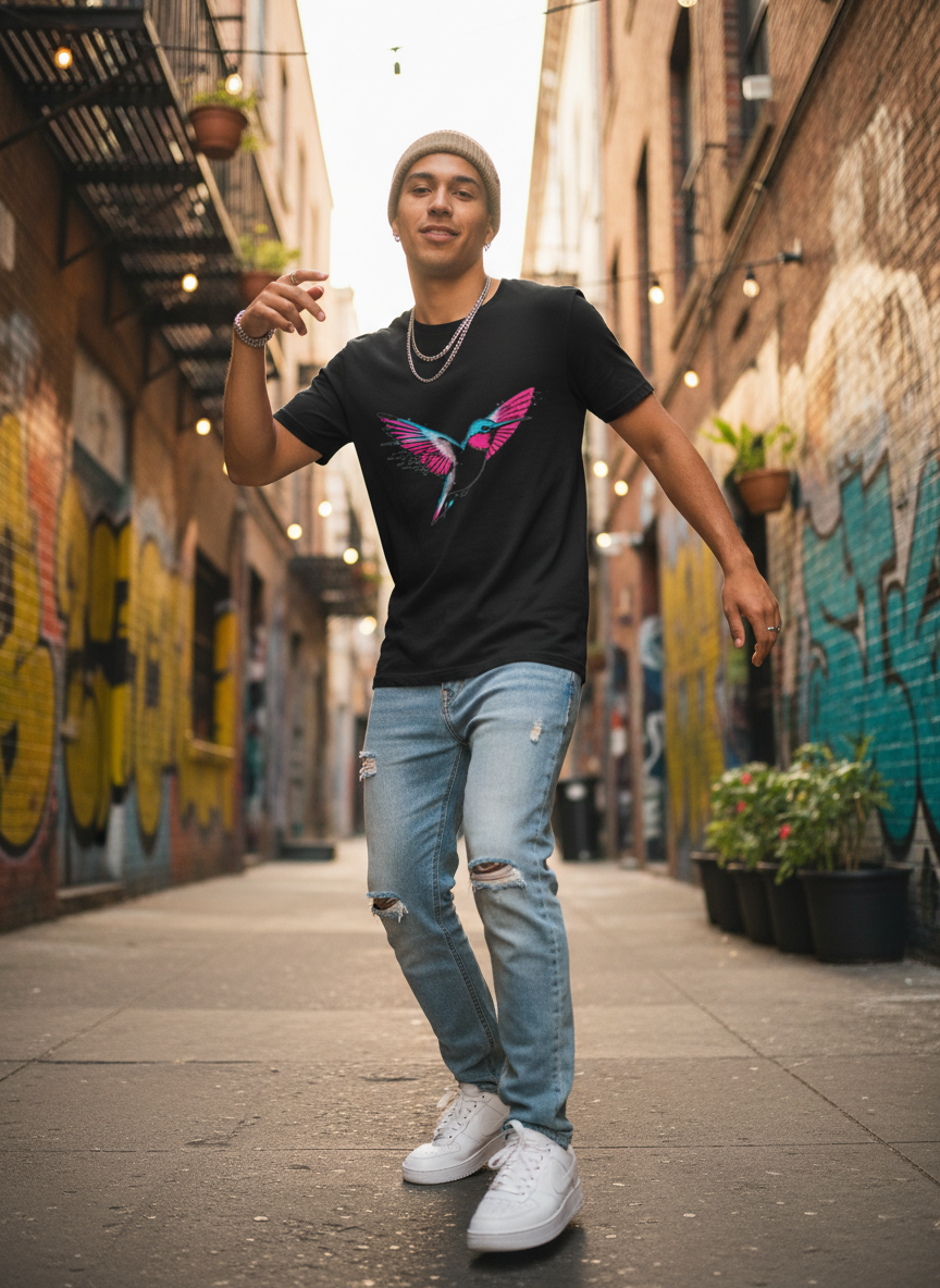 Infinite Feed Frenzy Tee - Glitch Hummingbird Design